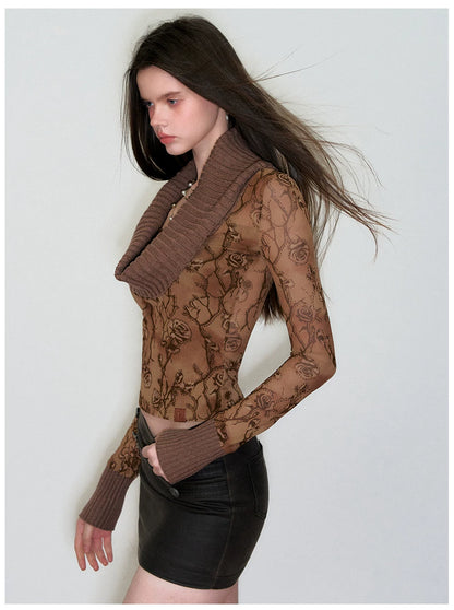 Draped Cowl-Neck Patchwork Knit Sweater