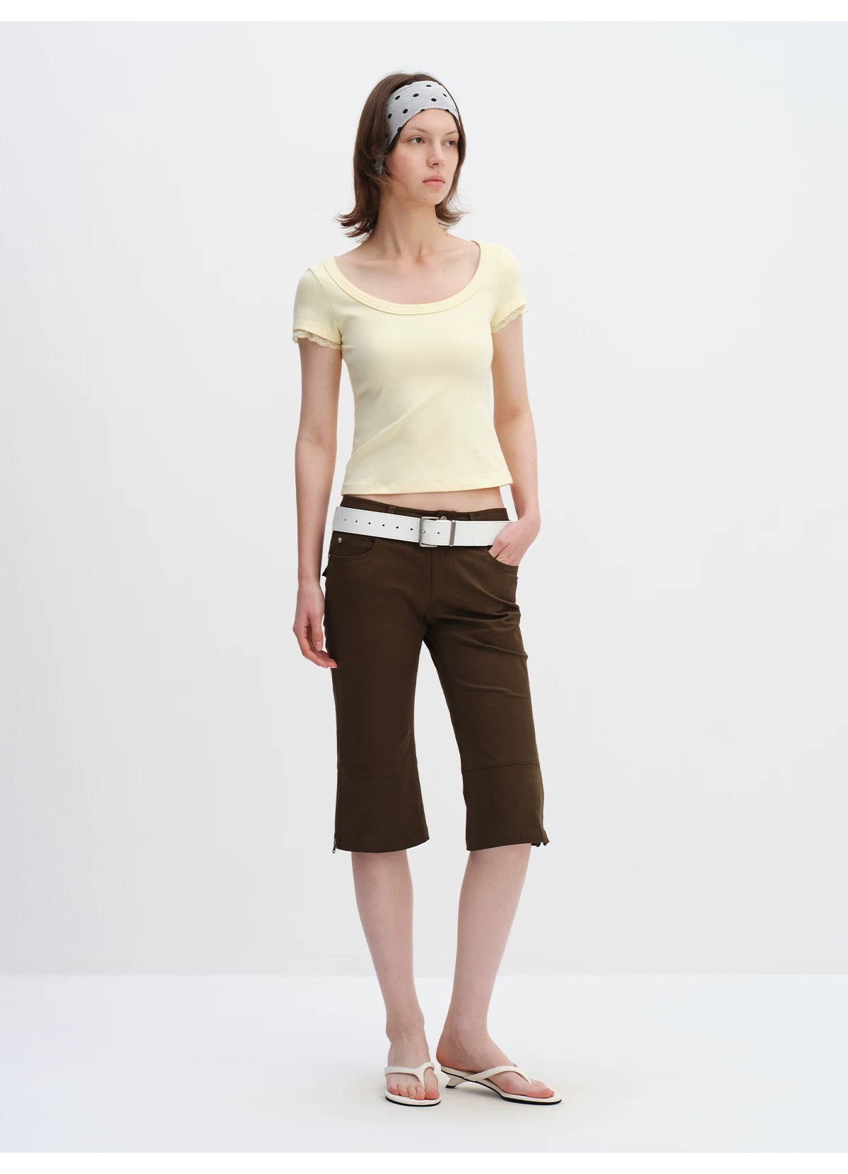 Lace Trim Scoop Neck Fitted Cotton T-Shirt