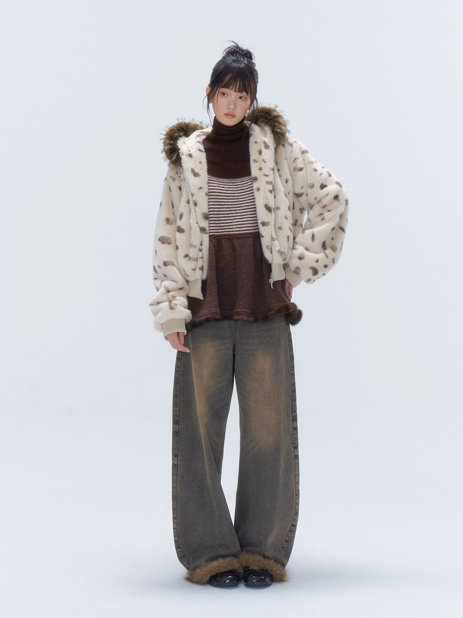 Faux Fur Hooded Zip-Up Cropped Jacket