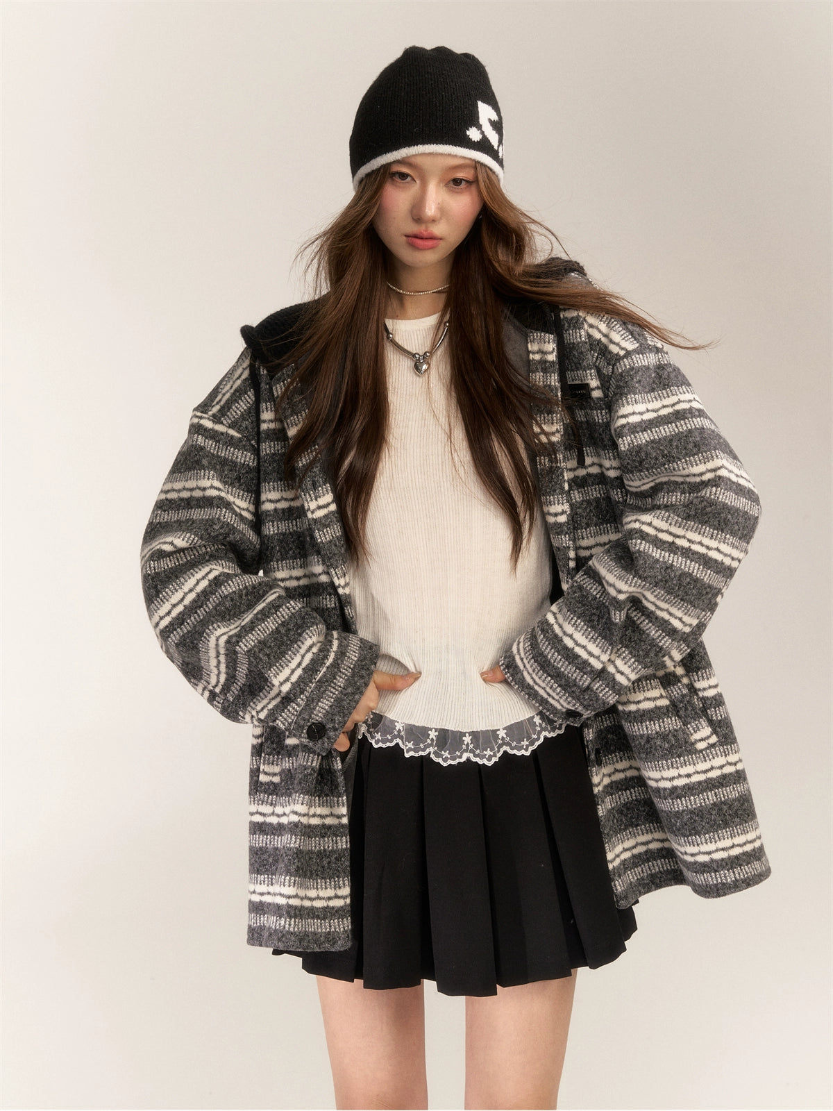 Striped Silver Fox Fur Hoodie Coat