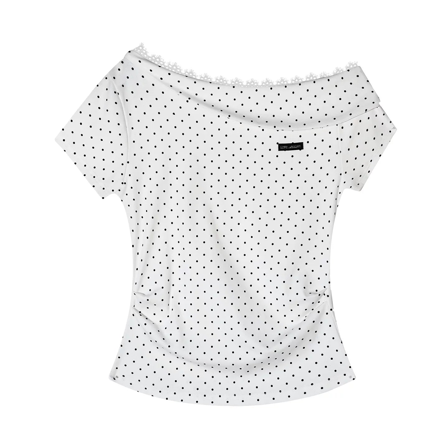 Asymmetric Off-Shoulder Polka Dot Lace Trim Fitted T-Shirt