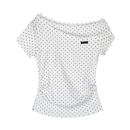 Asymmetric Off-Shoulder Polka Dot Lace Trim Fitted T-Shirt