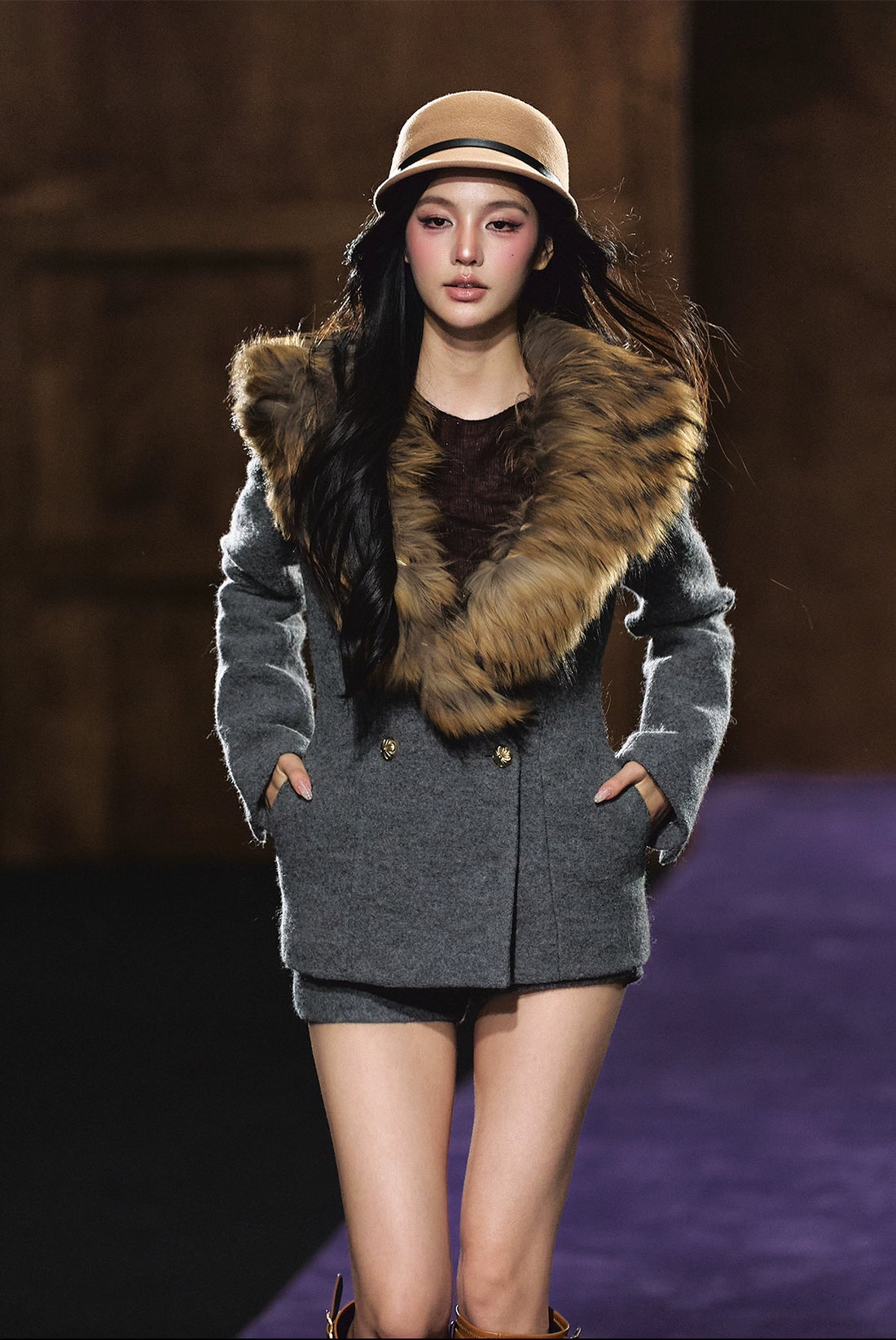 Detachable Fur Collar Wool Tailored Blazer &amp; Shorts Set