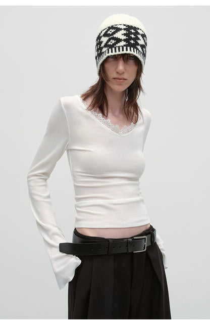 Lace V-neck Slim Long-Sleeve T-shirt
