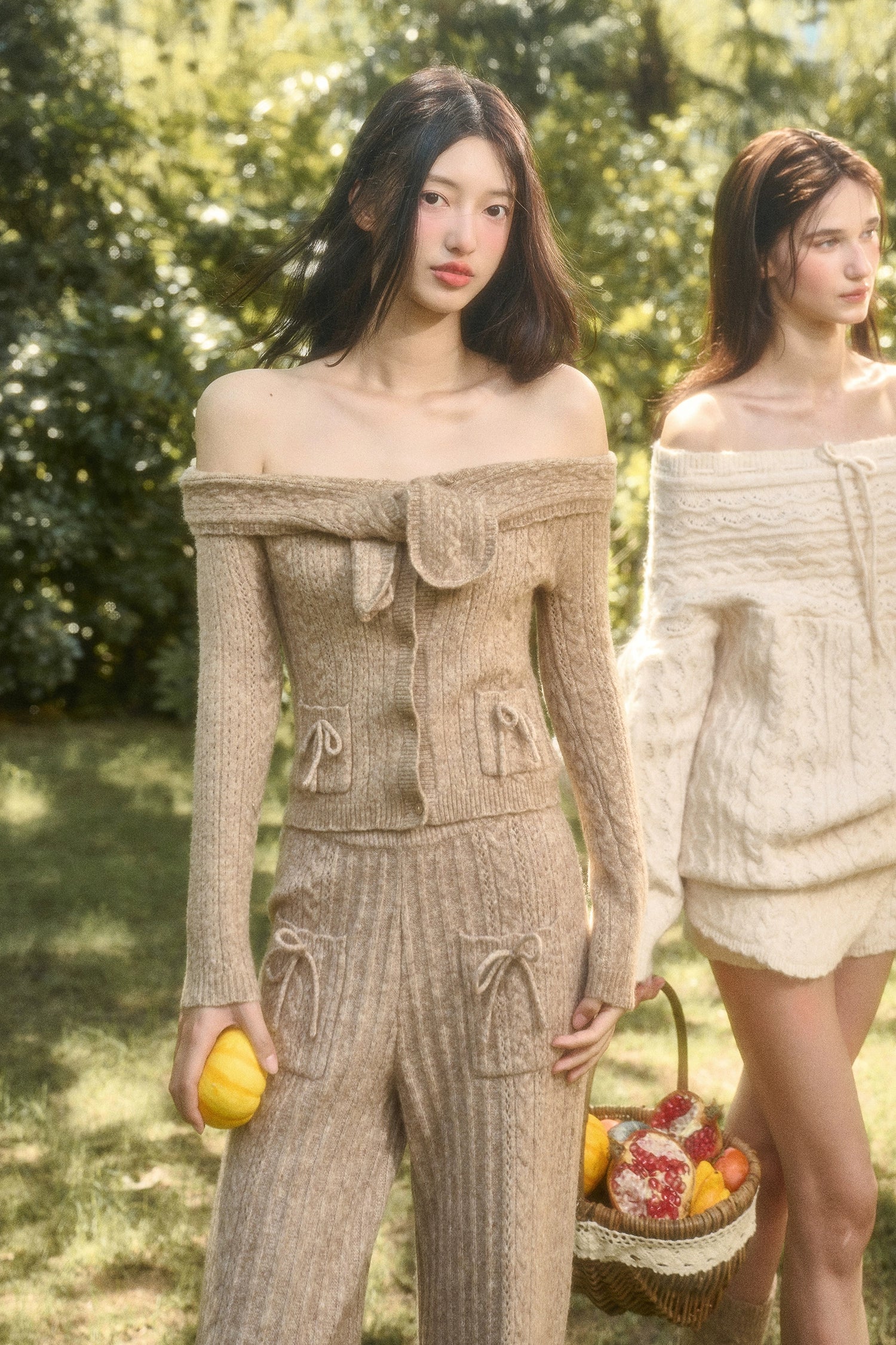 Velvet Bunny Wool Cloud Off-Shoulder Knit Cardigan &amp; Wide-Leg Pants Set