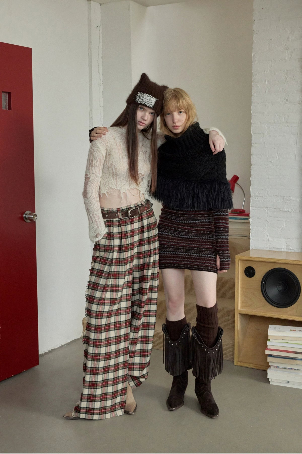 Cable Knit Fringed High-Neck Wool Blend Poncho