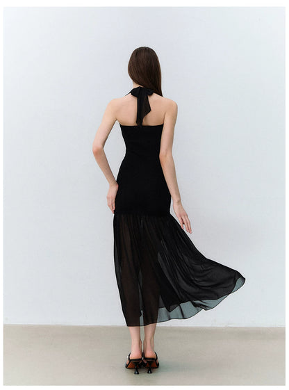 Dark Muse Spliced Mesh Halter Slim Long Dress
