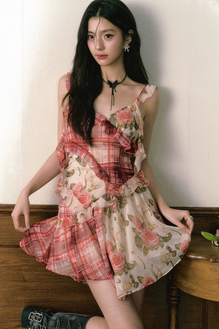 Red Plaid Rose Floral Dress