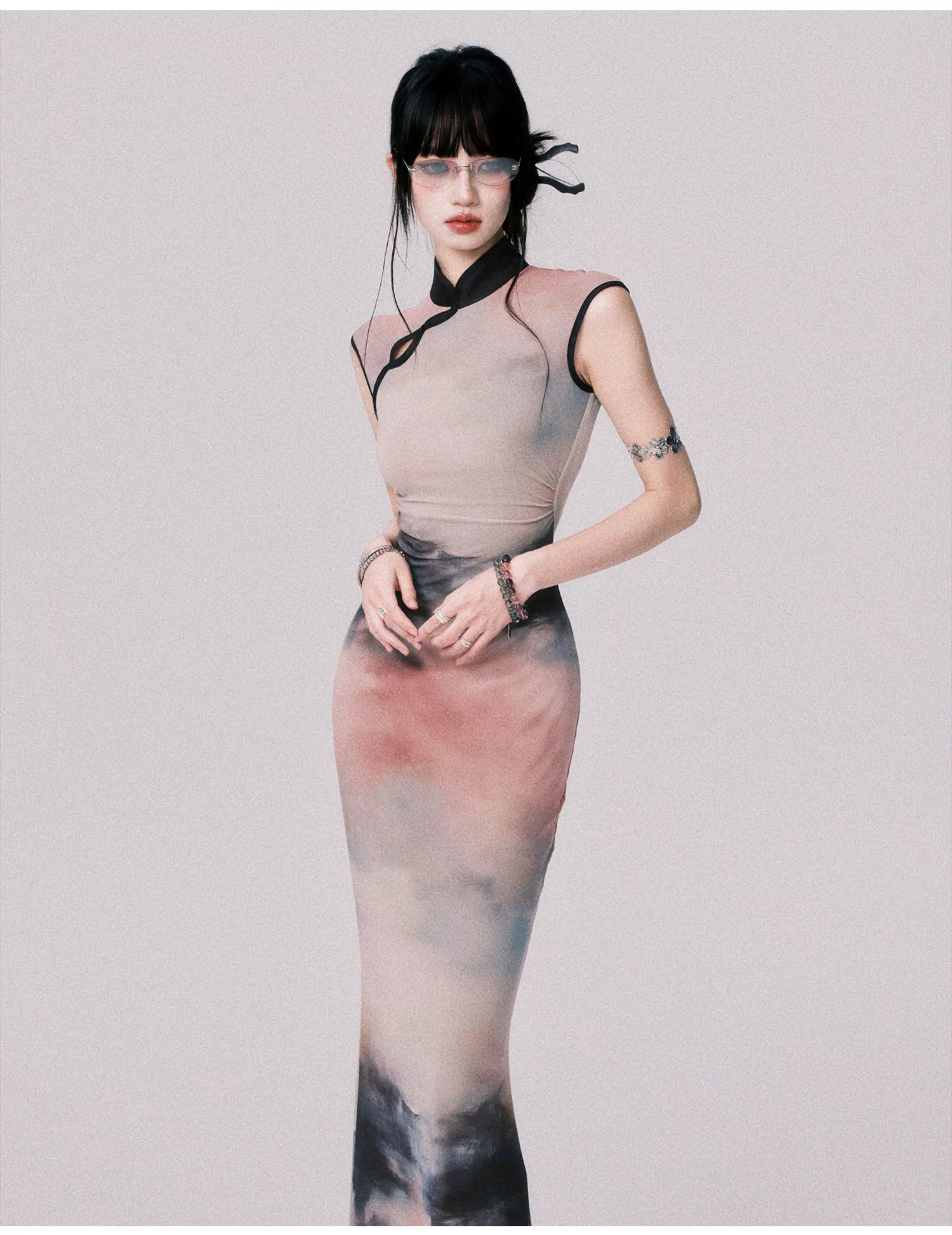 Stretch Mesh Cheongsam Maxi Dress