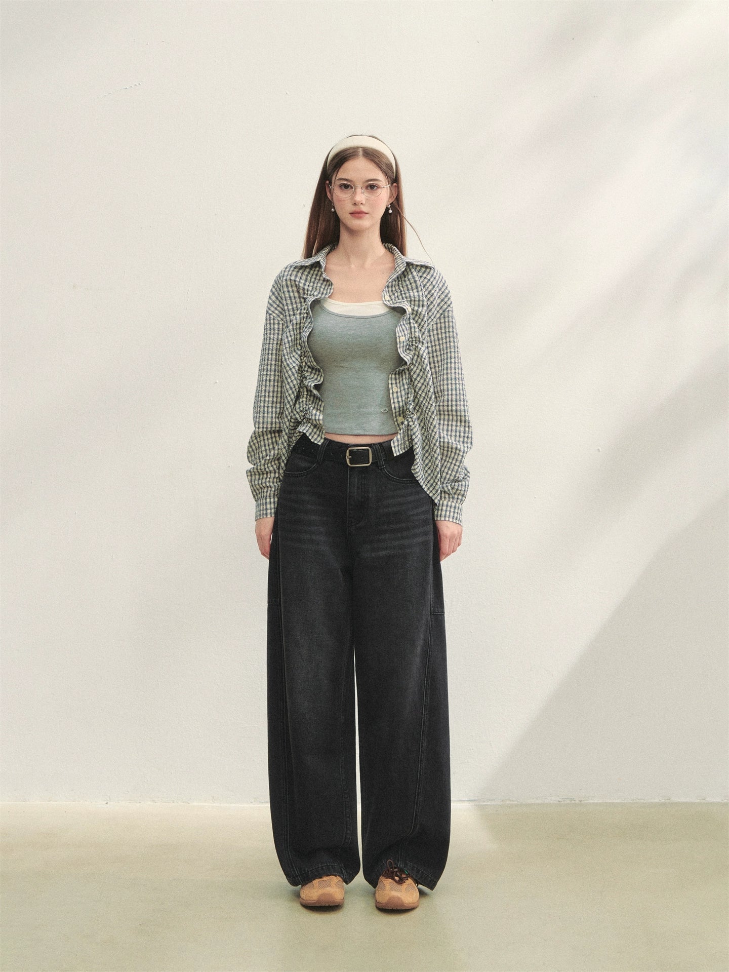 Checked Panel Tie-Waist Jeans - CHINASQUAD
