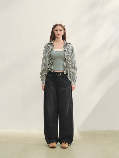 Checked Panel Tie-Waist Jeans - CHINASQUAD