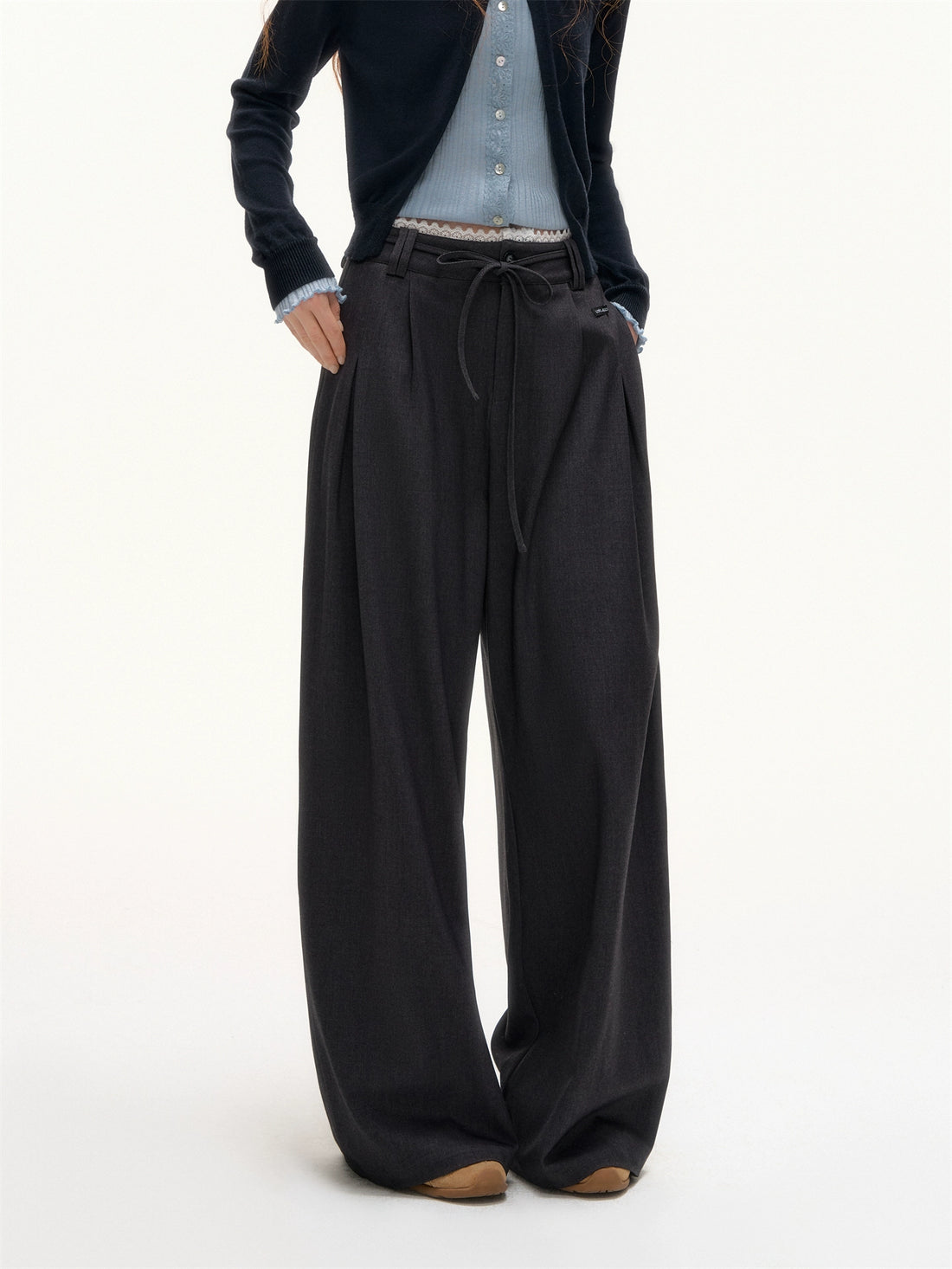 Lace-Trim Waist Tie Wide-Leg Pants