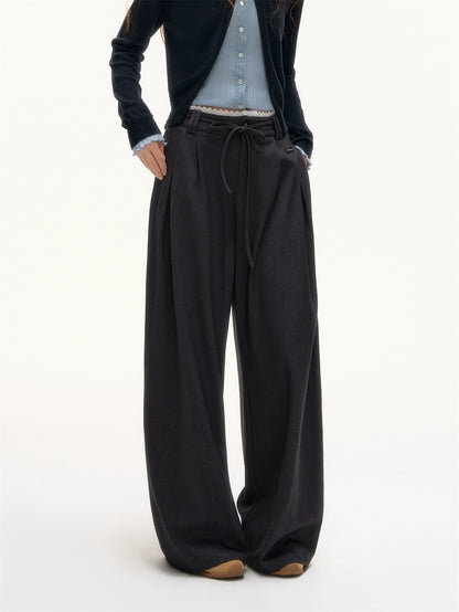 Lace-Trim Waist Tie Wide-Leg Pants