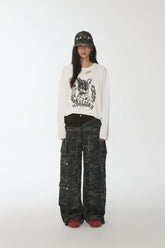 Vintage Cat & Dog Print Distressed Long-Sleeve Tee - CHINASQUAD