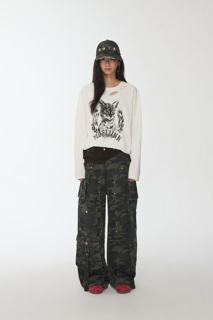 Vintage Cat &amp; Dog Print Distressed Long-Sleeve Tee - CHINASQUAD