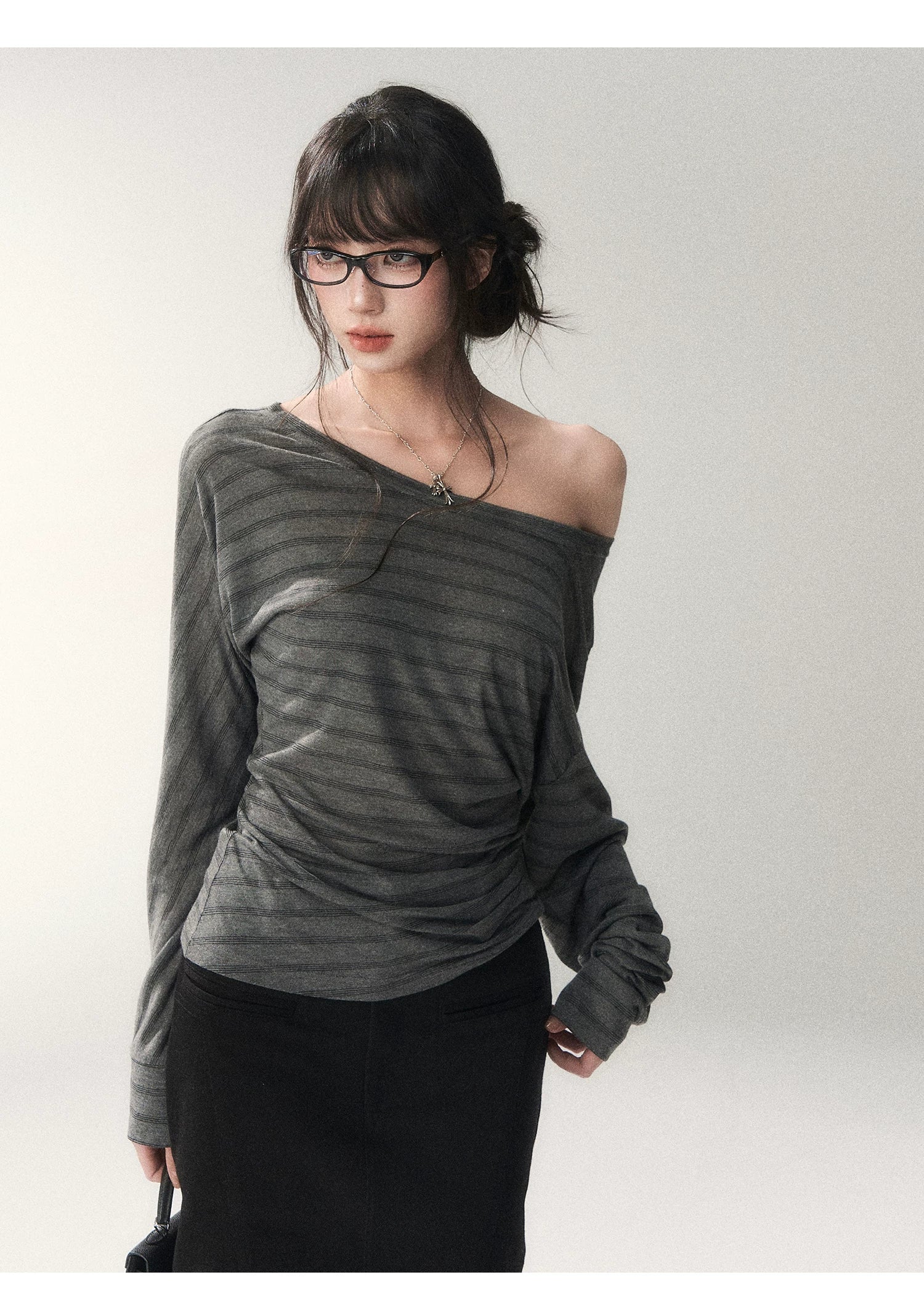 Asymmetric Off-Shoulder Striped Tencel Slim-Fit Long Sleeve Top