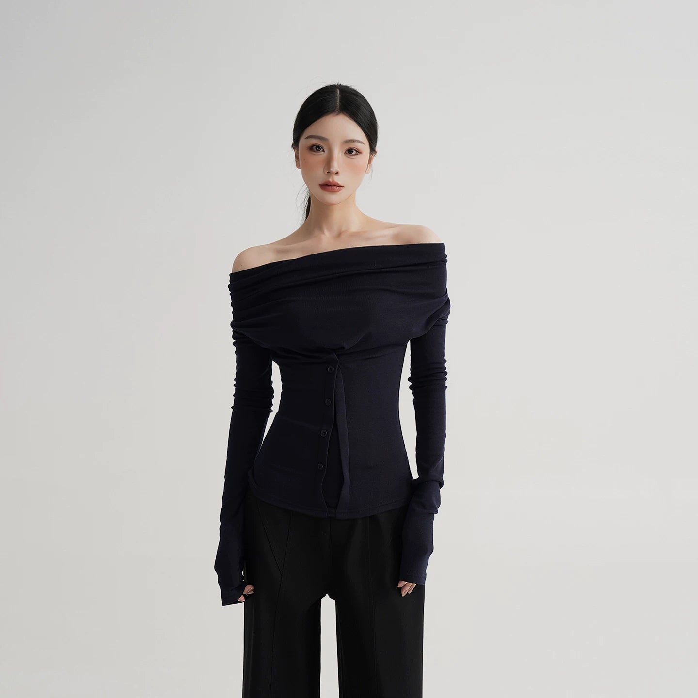 Neck Off-Shoulder Fitted Long Sleeve T-Shirt