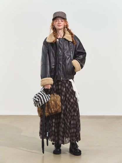 Lamb Wool Collar Faux Leather Biker Jacket