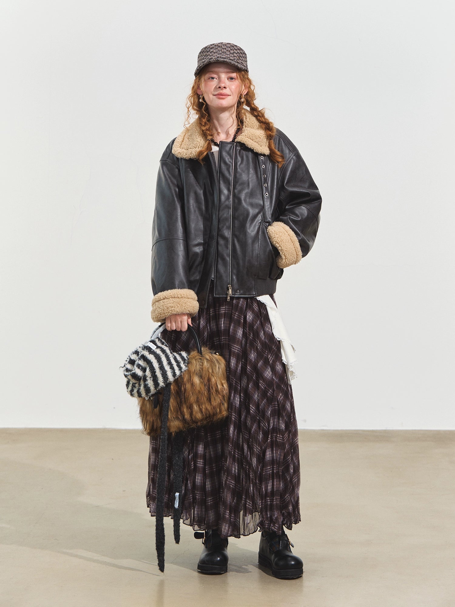 Lamb Wool Collar Faux Leather Biker Jacket