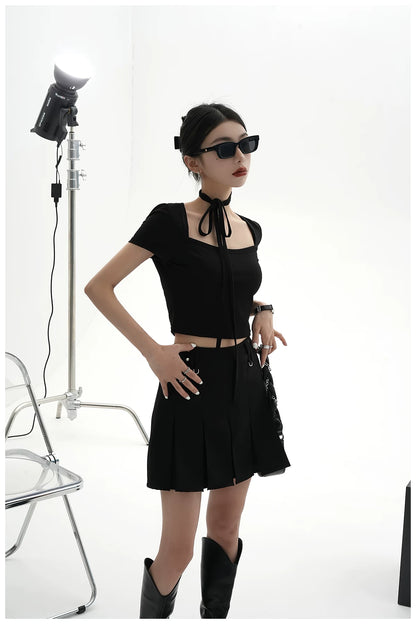 Tie-Detail Square-Neck Cropped T-Shirt