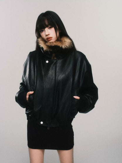 Faux Fur Collar Padded PU Biker Jacket