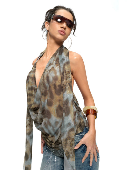 Leopard Drape-Front Backless Mesh Camisole