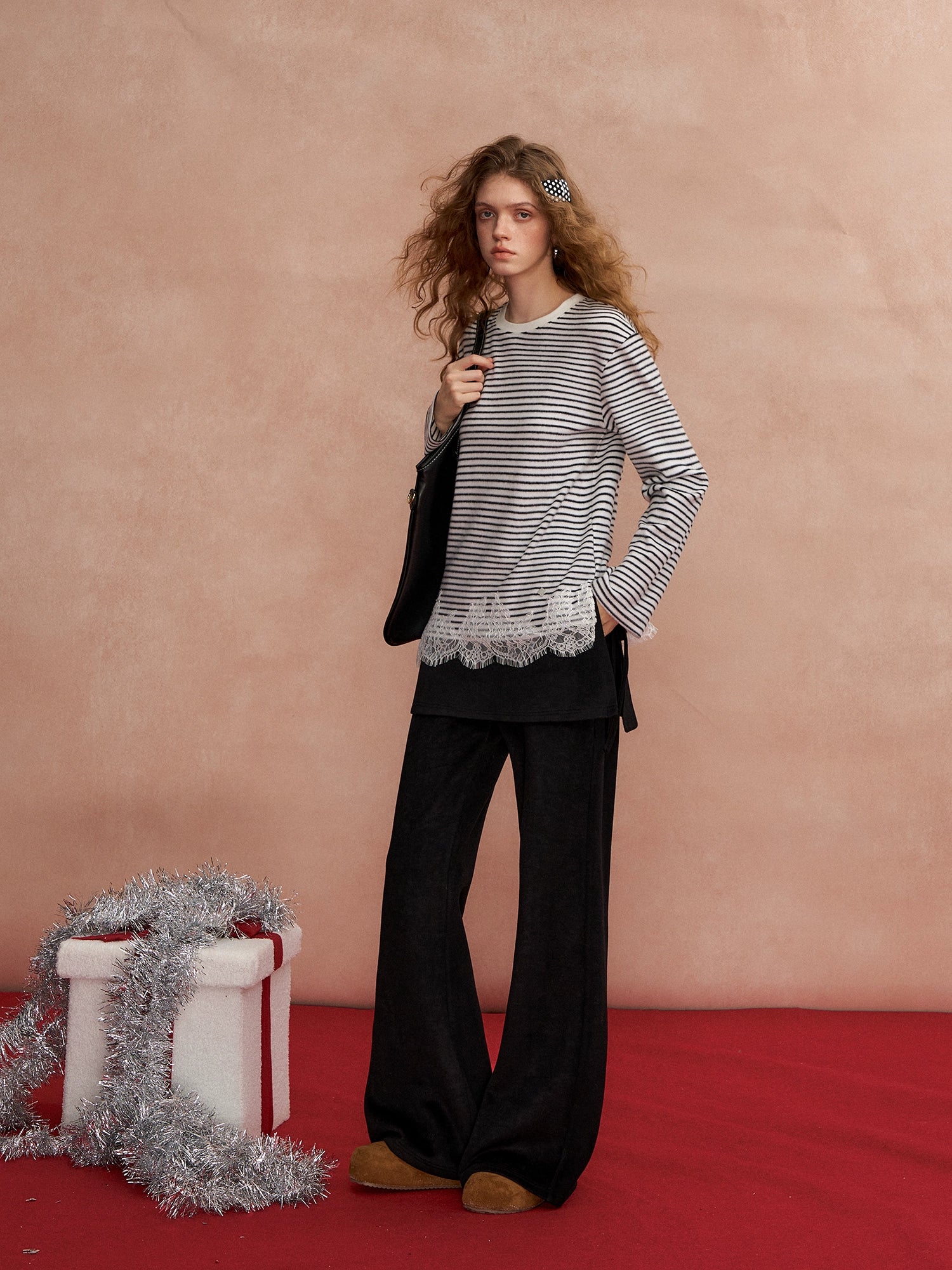 Lace-Panel Fuzzy Ribbed Long-Sleeve Tee