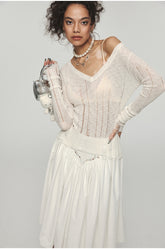 Hollow Out Waist-Cinched Knitted Blouse - CHINASQUAD