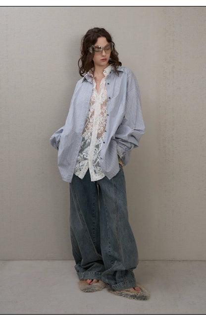 Asymmetric Pleated Stripe Cotton Shirt