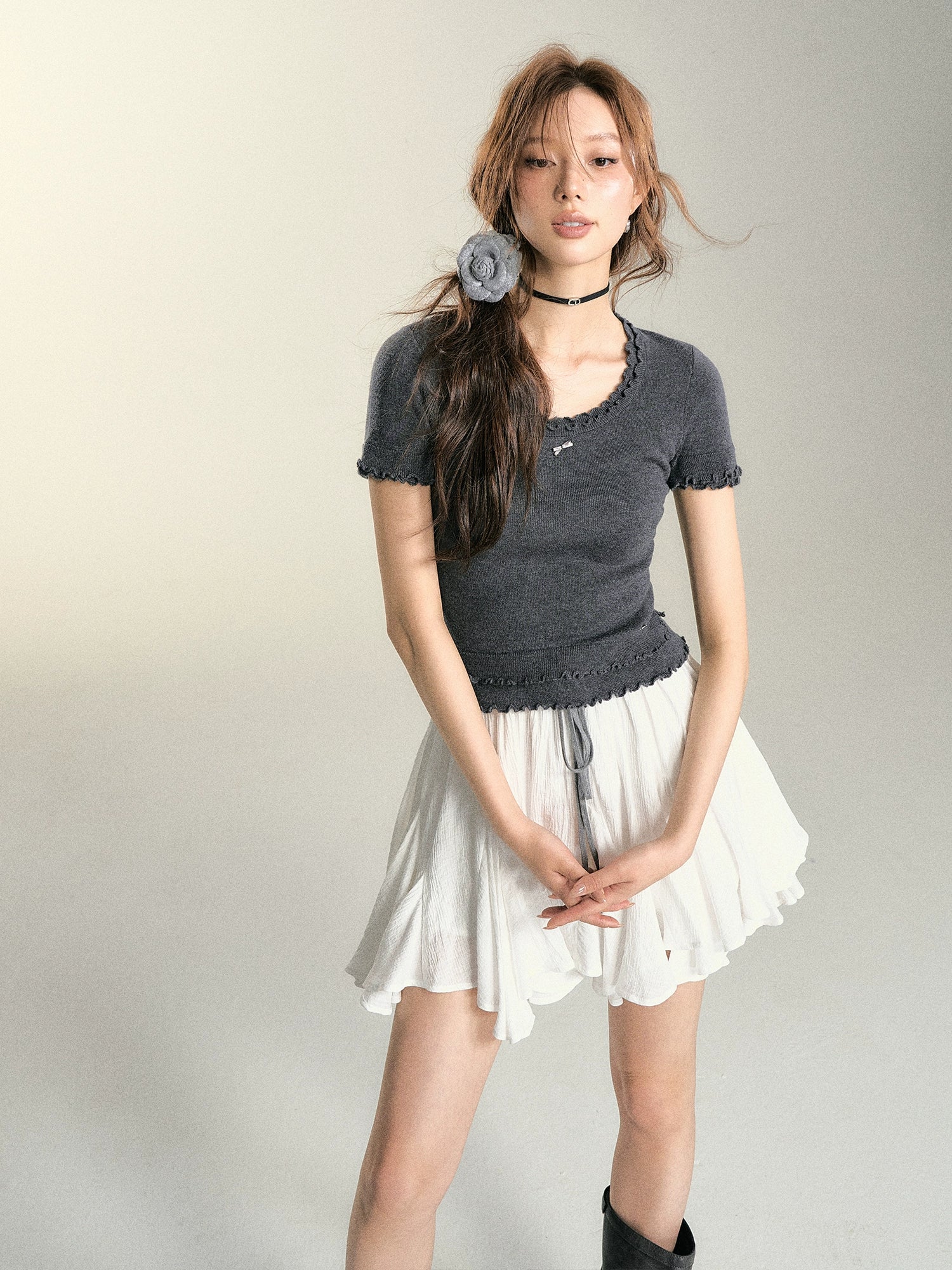 White &amp; Gray Mushroom Lace Trim T-shirt