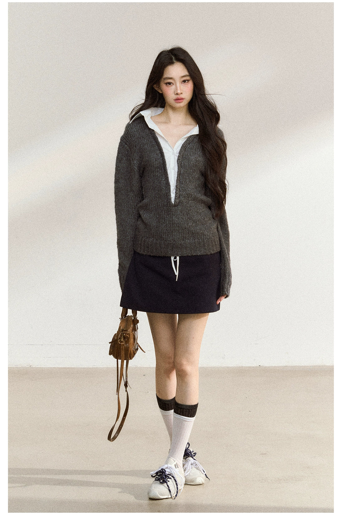 Gray Wool-Blend Layered Knit V-neck