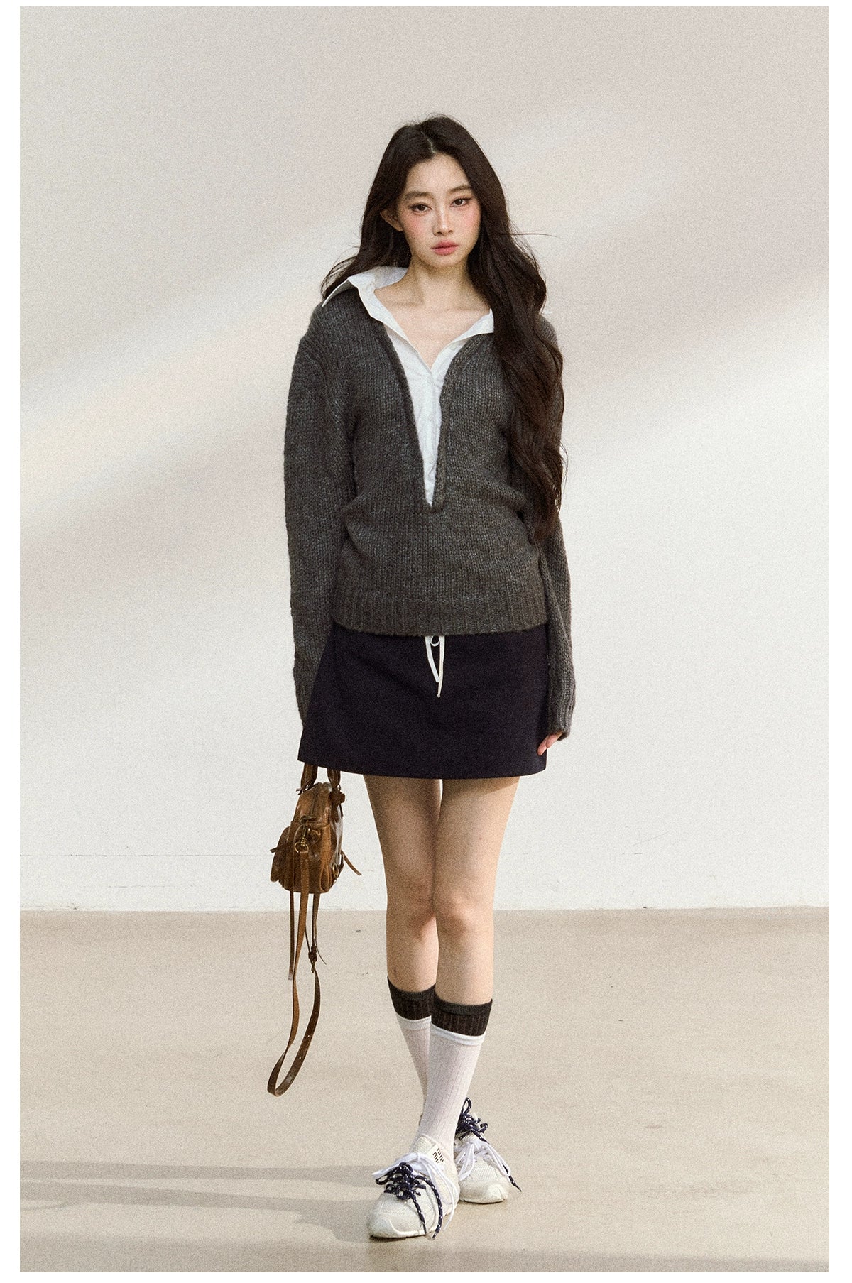 Gray Wool-Blend Layered Knit V-neck