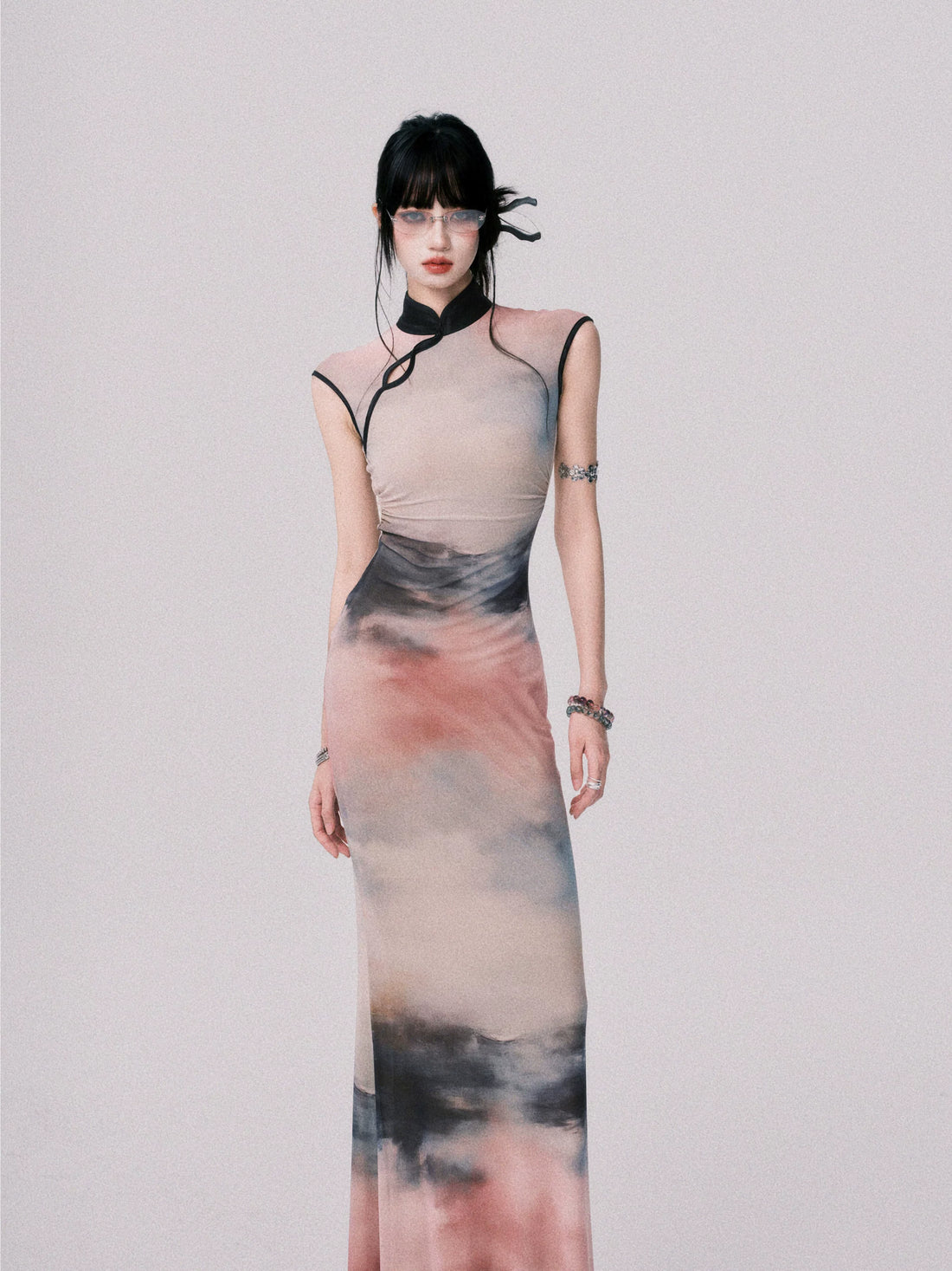 Stretch Mesh Cheongsam Maxi Dress