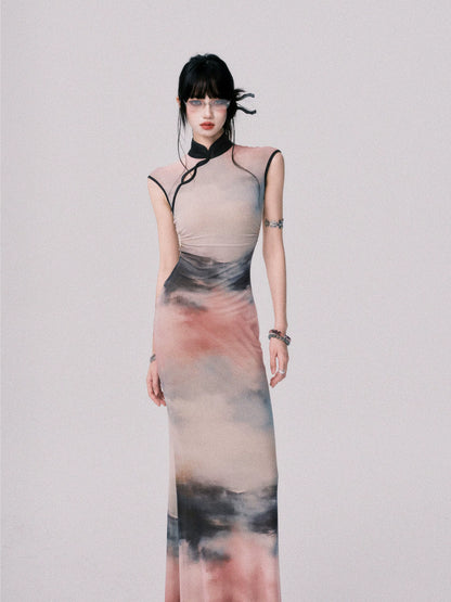 Stretch Mesh Cheongsam Maxi Dress