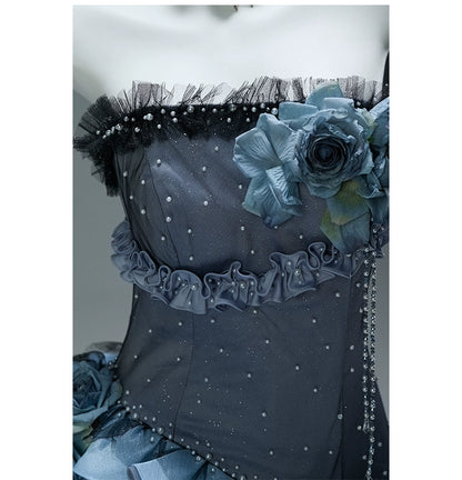 Nightscape Ruffled Tulle Gown with Floral Embellishments