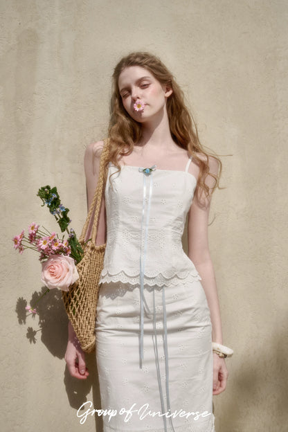 White Jasmine Embroidered Cotton Three-Piece Set