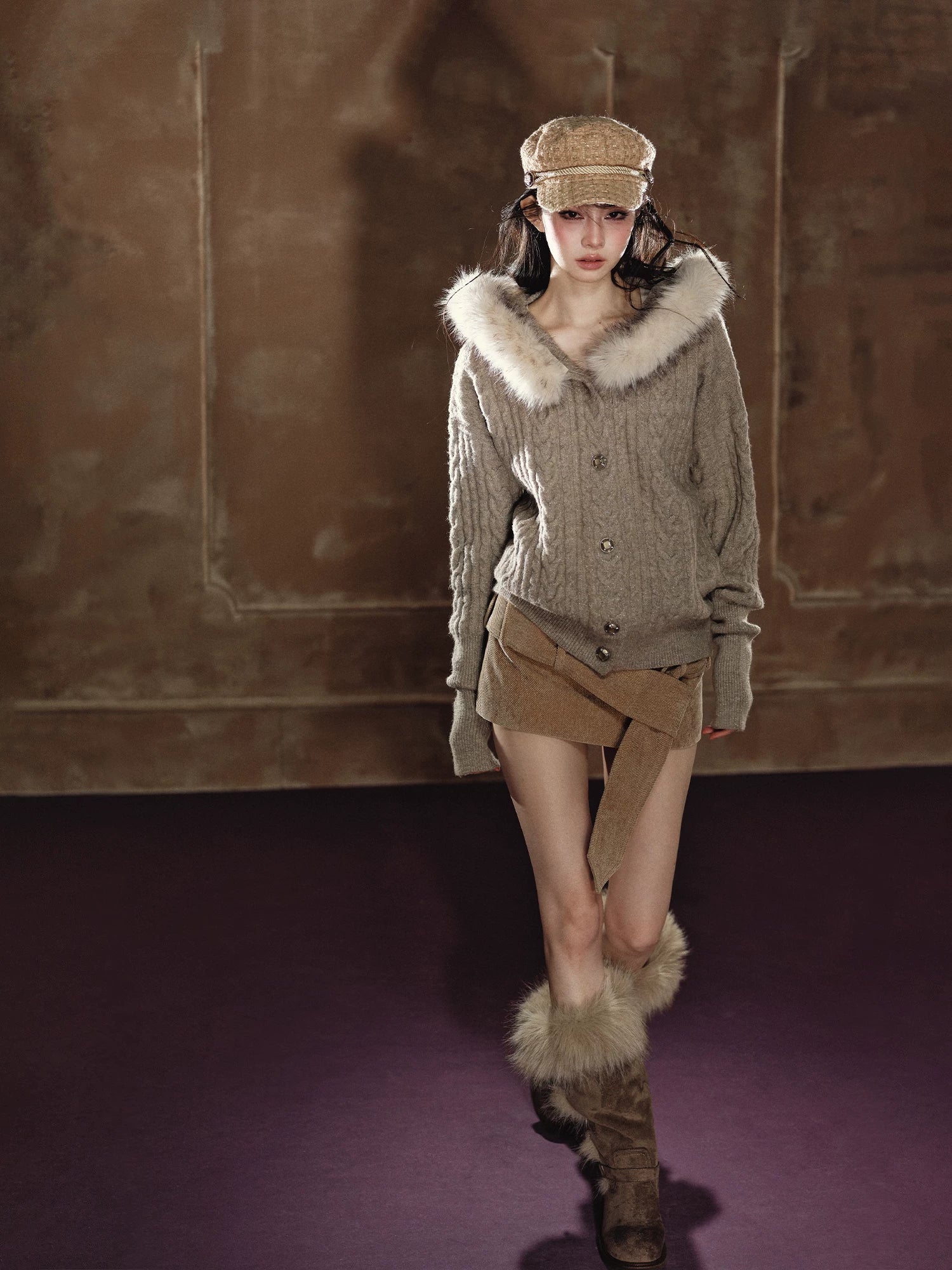 Shimmer Cable-Knit Hooded Cardigan