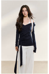 Navy Layered Off-Shoulder Blouse - CHINASQUAD