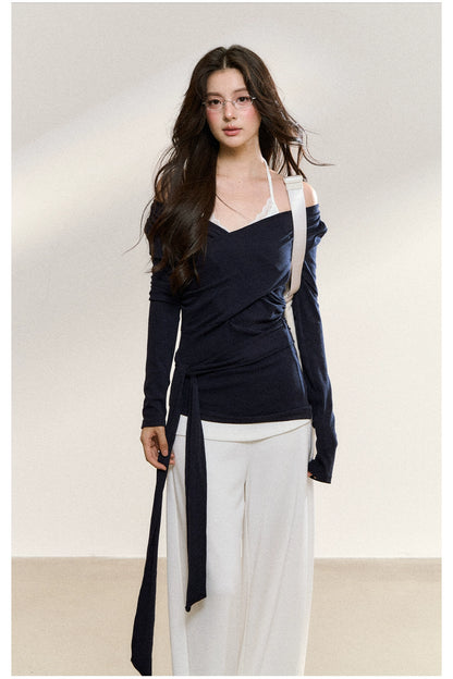 Navy Layered Off-Shoulder Blouse - CHINASQUAD