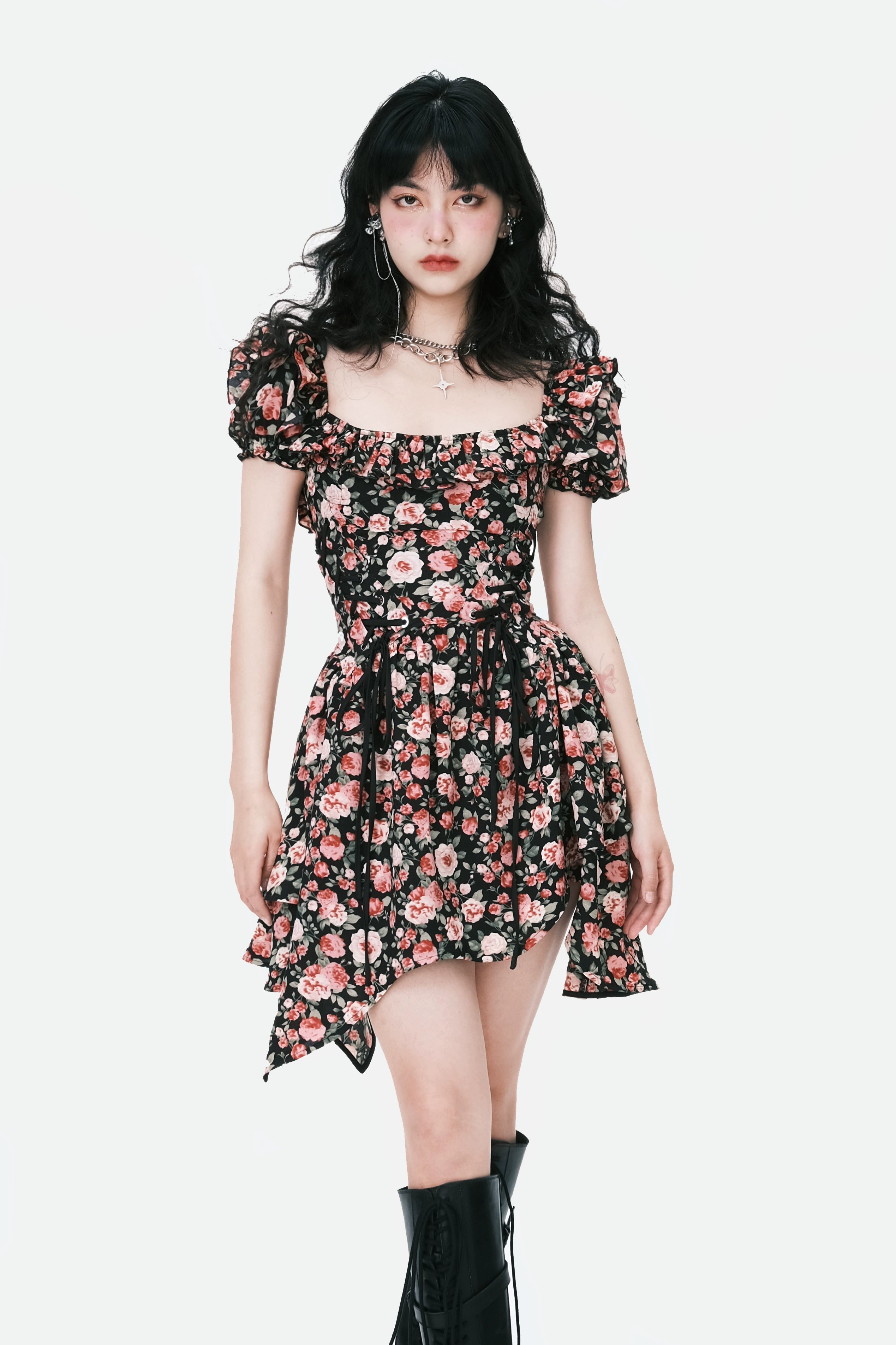 Sexy Waist-cinching Irregular Floral Dress