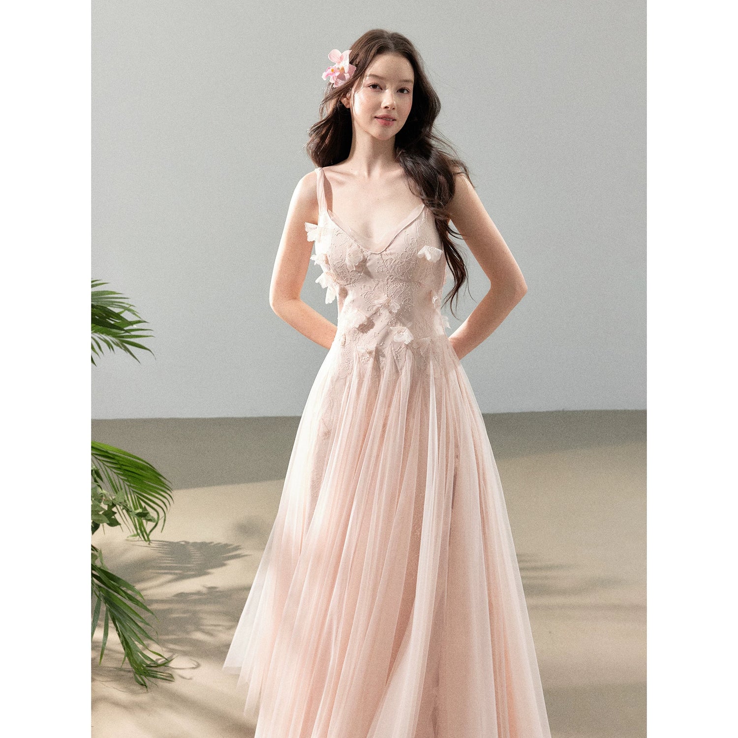 Peach Mist Floral Tulle Layered Slip Maxi Dress