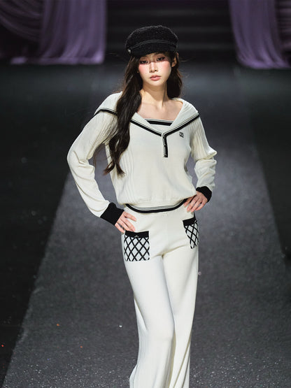 Sailor V-neck pullover &amp; Quilted Straight Pants Set