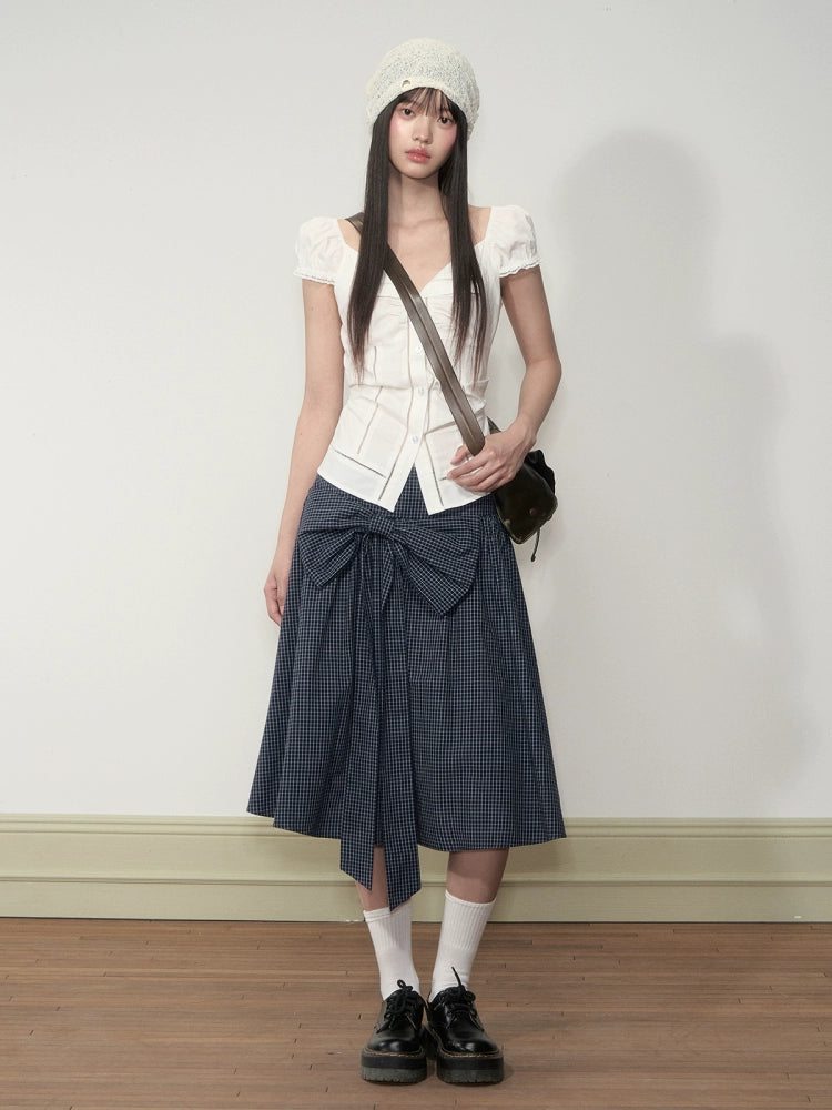 Checkered Bow A-line Midi Skirt