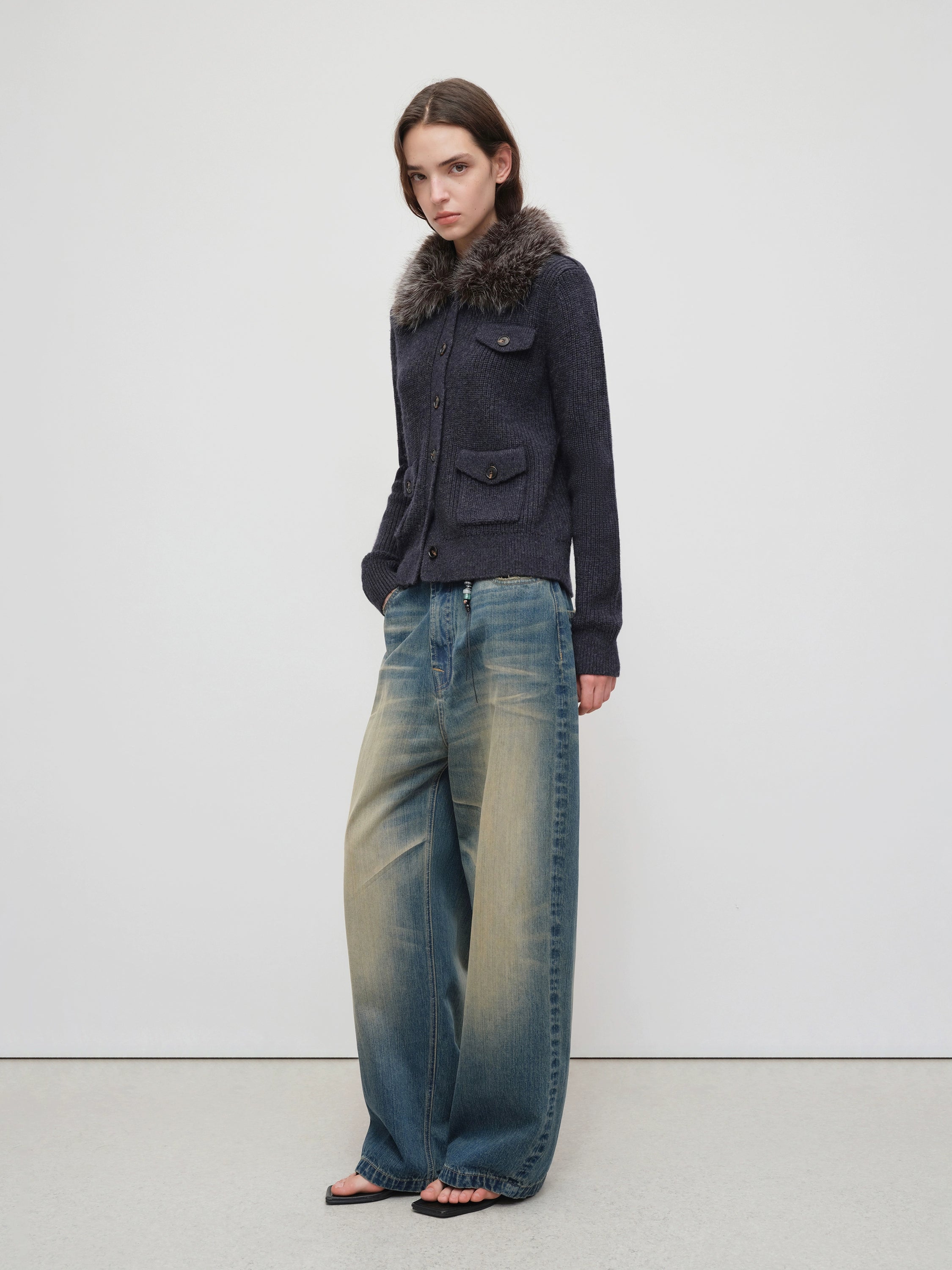 Vintage Tapered Wide-Leg Distressed Denim Pants