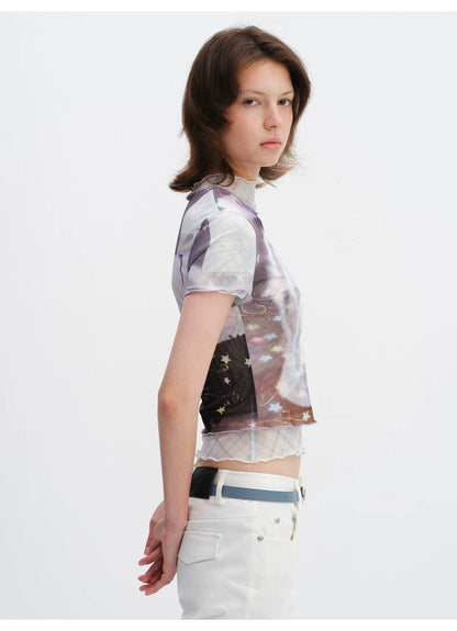 Magic Fountain Sheer Mesh Layered Slim-Fit T-Shirt