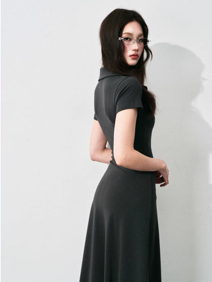 Half-Placket Polo Collar Knit Maxi Dress