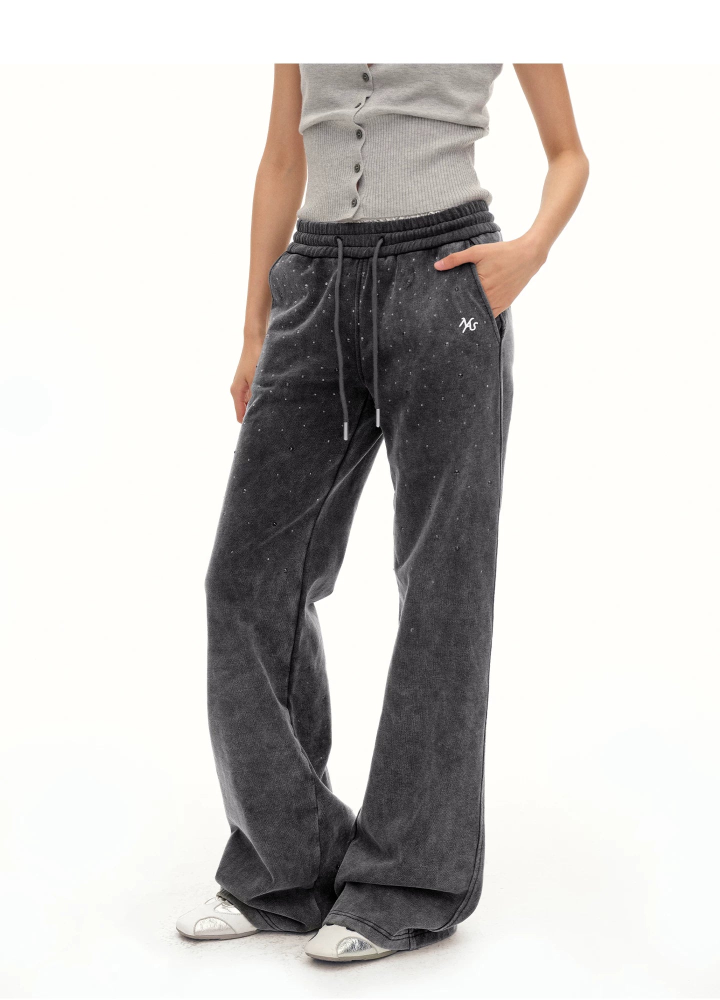 Crystal-Embellished Vintage Wash Cotton Straight-Leg Trousers
