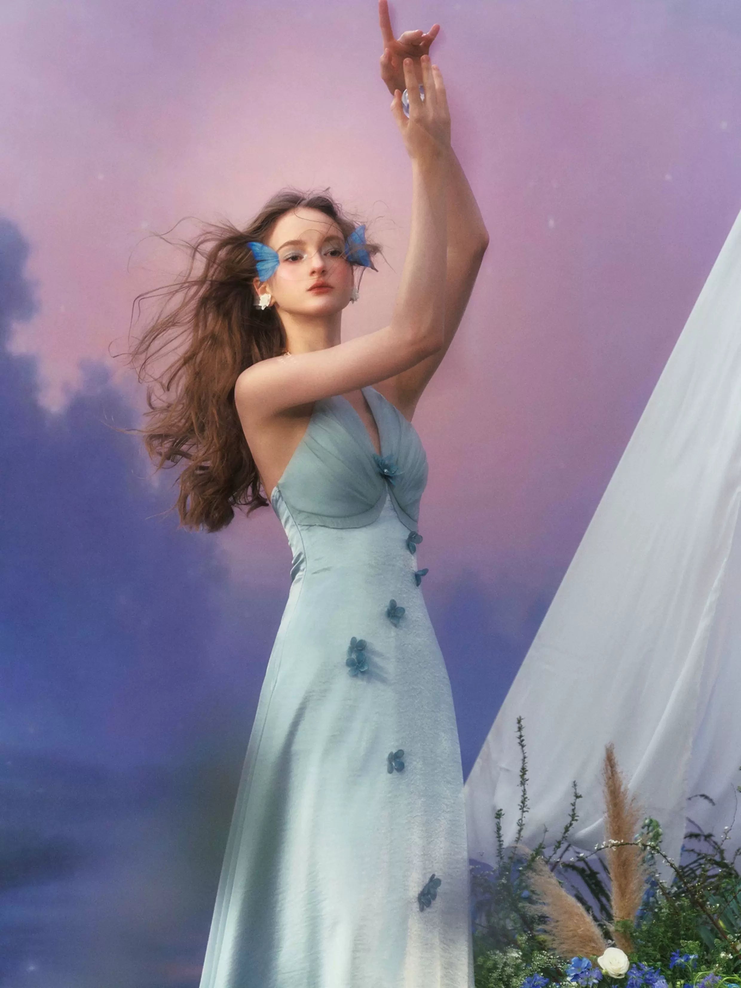 French Resort Halter Blue Floral Satin Dress