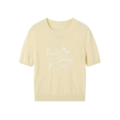 Yellow &amp; White Bow Embroidered Knit T-shirt