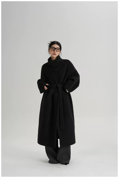 Asymmetric Stand-Collar Double-Faced Wool Coat